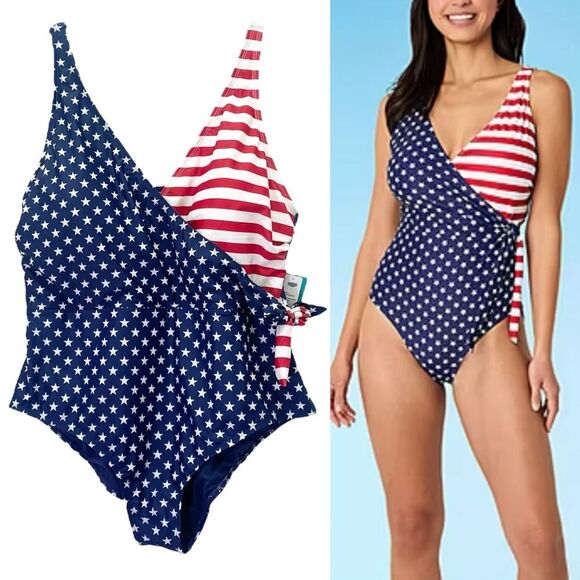 NWT Outdoor Oasis Size 1X One Piece Swimsuit Stars & Stripes USA Flag July 4th - Picture 1 of 15